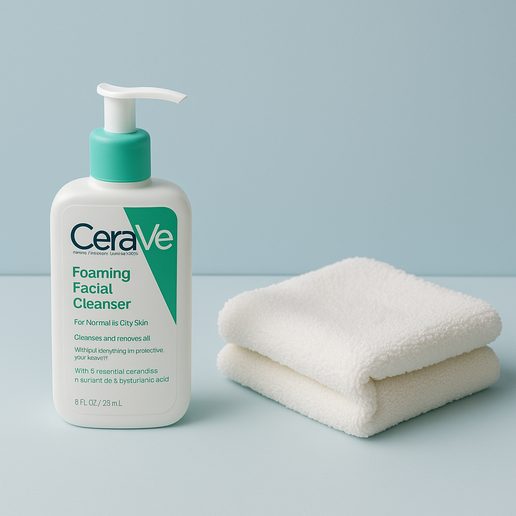 Gentle cleanser and soft towel on a bathroom counter