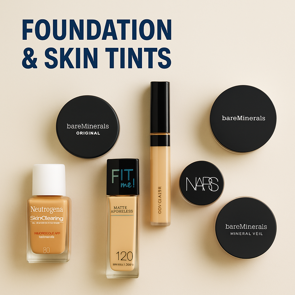 Flatlay of oil-free foundation, concealer, powder, and clean makeup brushes