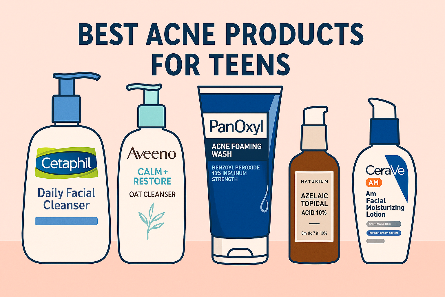 Illustrated lineup banner of the five best teen acne face washes for 2025