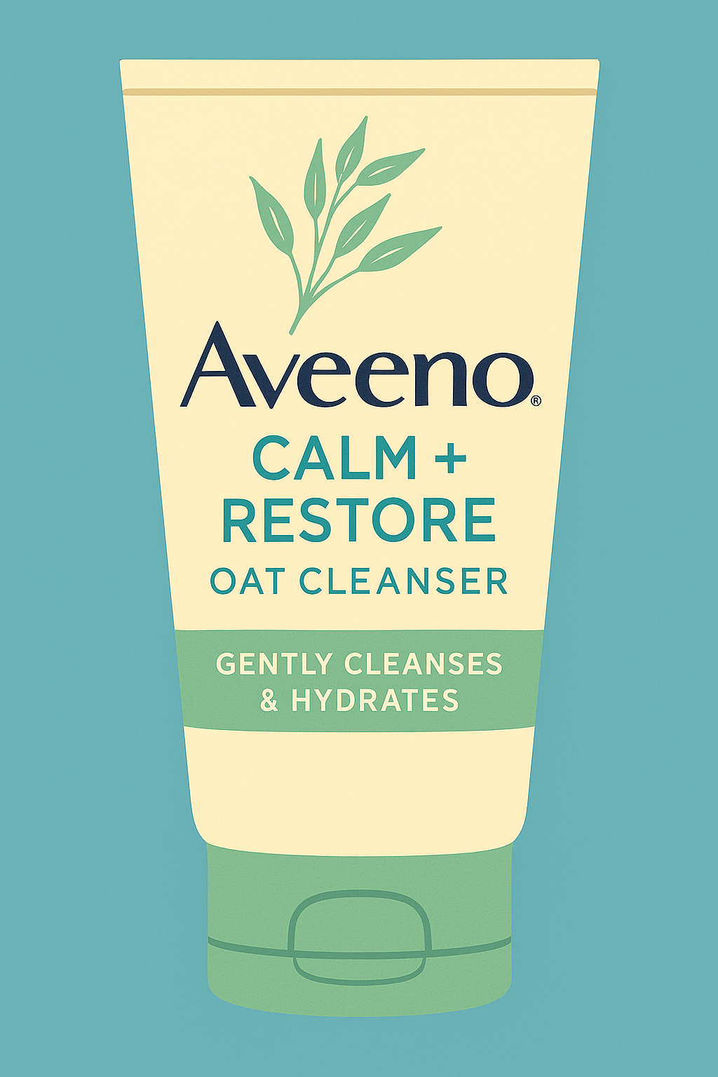 Illustrated bottle of Aveeno Calm + Restore Oat Cleanser for sensitive skin