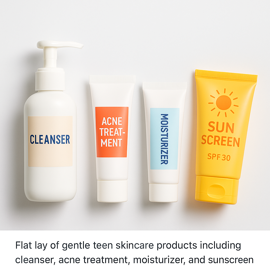 Icons for salicylic acid, benzoyl peroxide, niacinamide, ceramides, oat, aloe, and green tea used in teen acne cleansers
