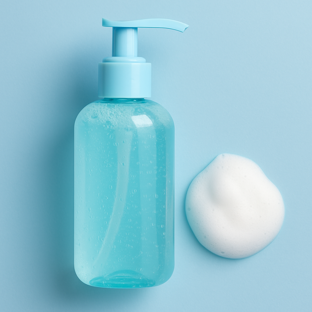 Light blue skincare bottles for teens on white background