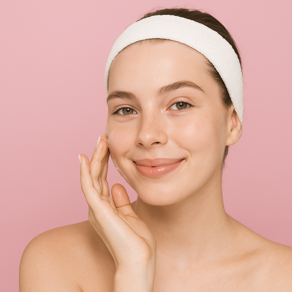 Teen girl with clear skin gently cleansing her face