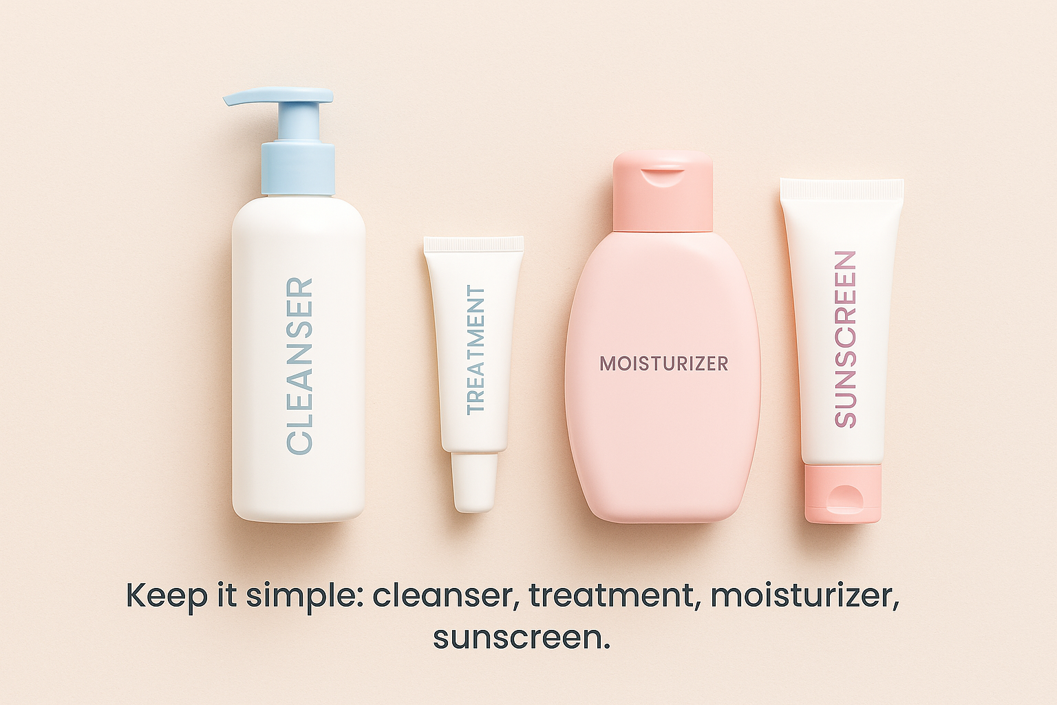 Teen skincare routine steps: cleanser, treatment, moisturizer, sunscreen