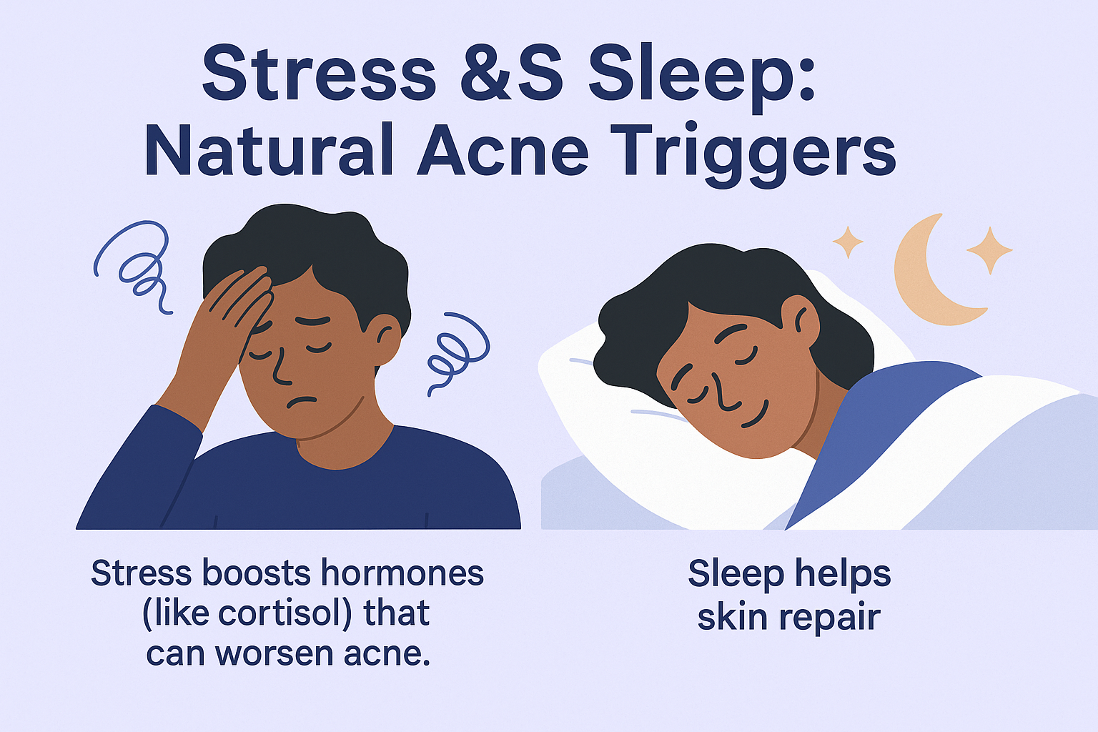 Infographic showing how stress worsens acne by boosting cortisol, while sleep helps skin repair naturally