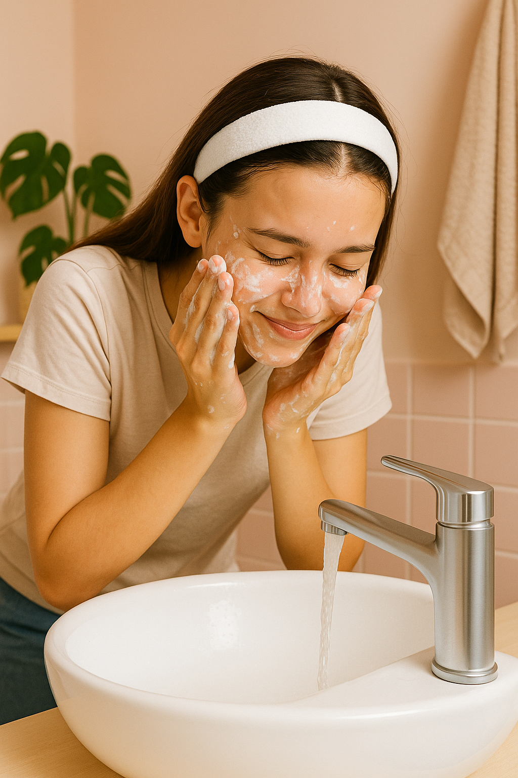 Teen washing face at a sink, practicing a gentle skincare routine