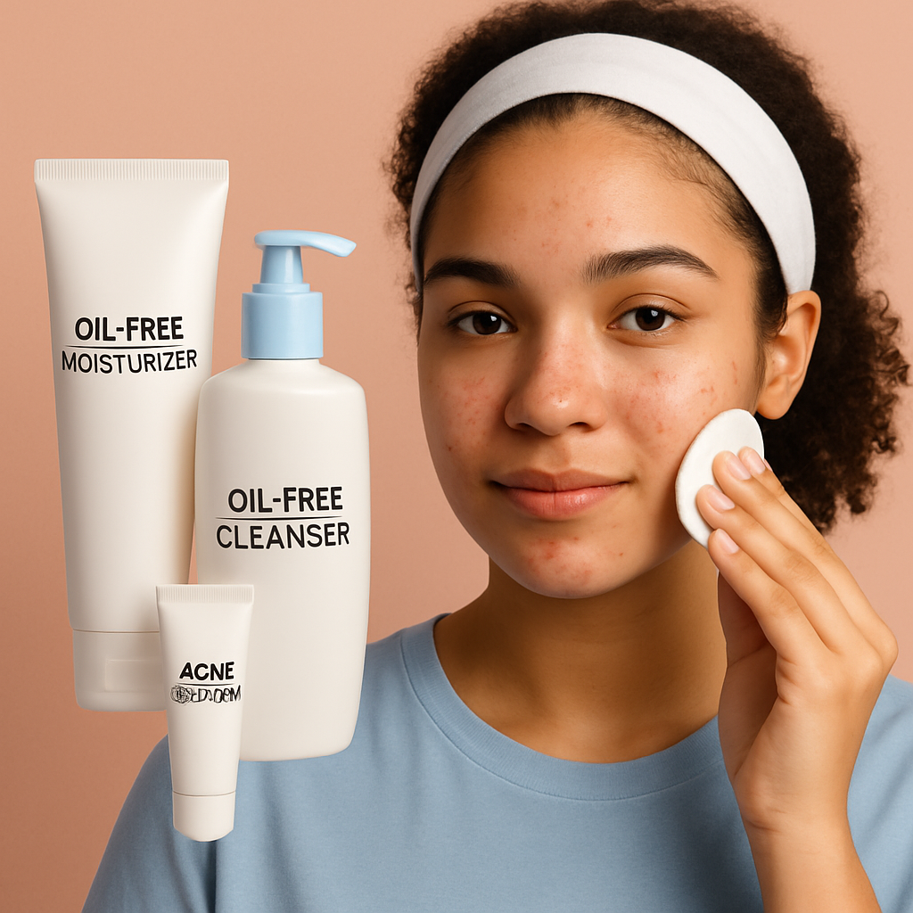 Teen skincare routine hero image with products and fresh skin theme