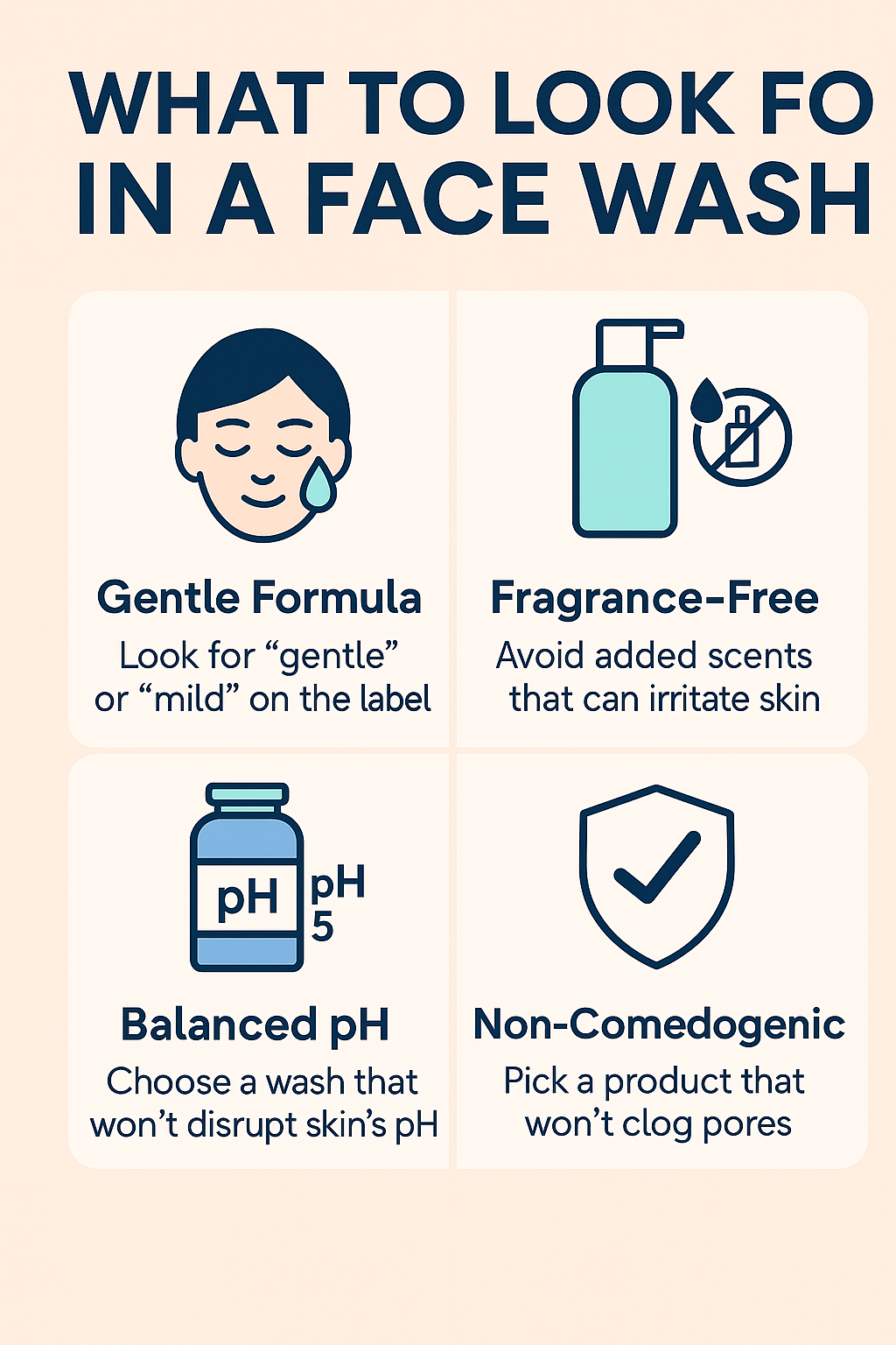Infographic checklist for choosing a teen face wash: non-comedogenic, fragrance-free, optional salicylic acid, barrier support